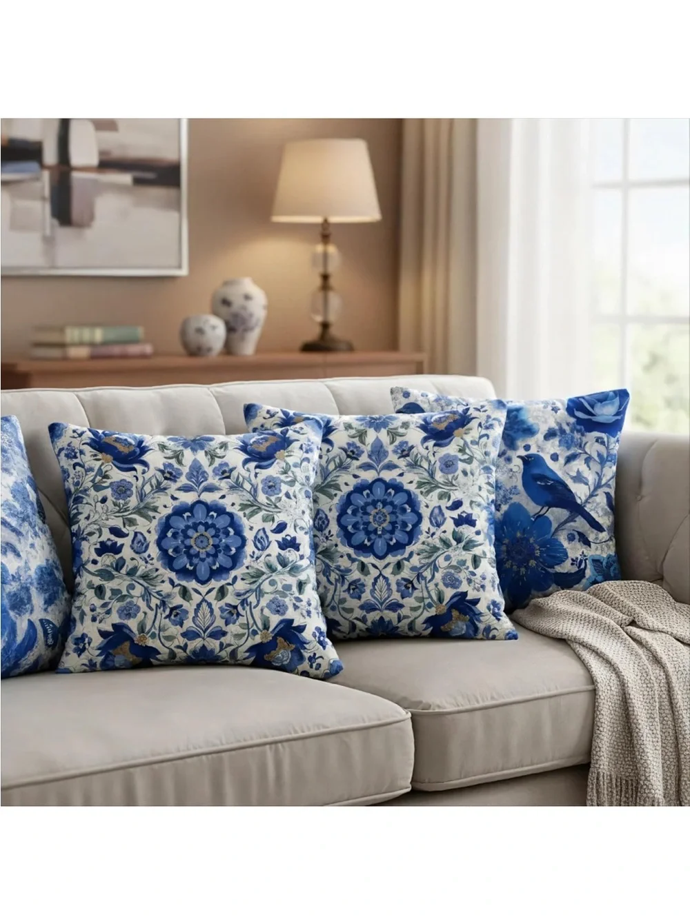 Blue Floral & Bird Decorative Throw Pillow Set - Pack of 4